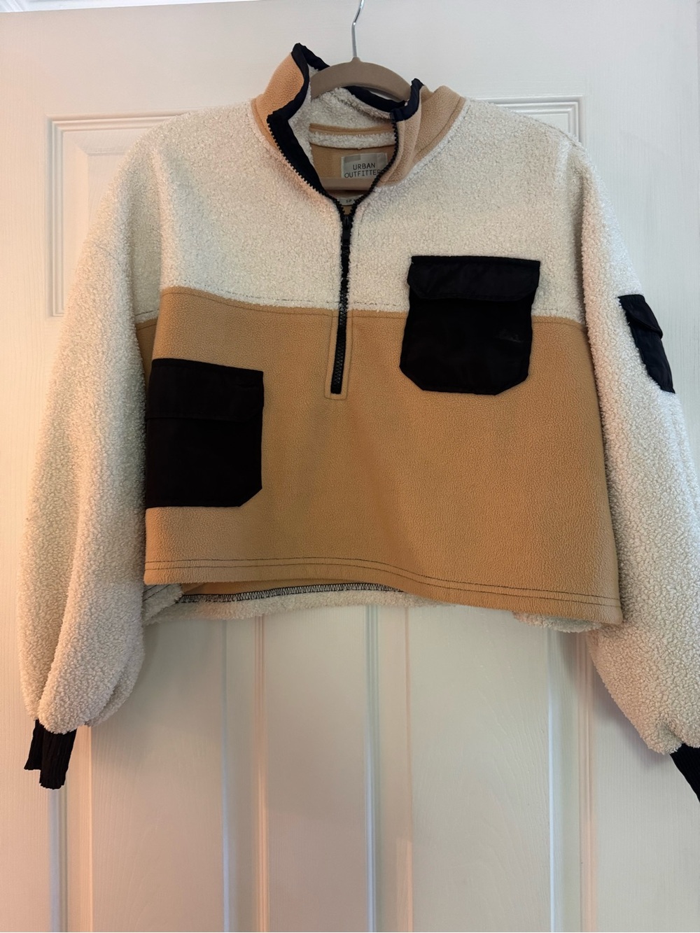 Urban Outfitters Cream, Tan & Black Cropped Sherpa Half-Zip Pullover